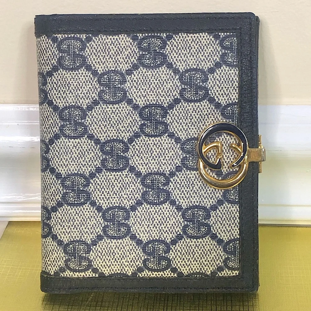 GUCCI GG Web Monogram Navy Blue Leather Coated Canvas Compact Bifold Wallet
